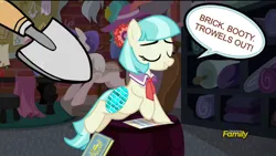 Size: 1280x720 | Tagged: safe, derpibooru import, edit, screencap, coco pommel, earth pony, g4, made in manehattan, brick, brick booty, discovery family, discovery family logo, fetish, forced meme, image, logo, meme, png, solo, speech bubble, trowel