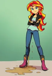 Size: 832x1202 | Tagged: safe, ai content, derpibooru import, machine learning generated, sunset shimmer, equestria girls, g4, boots, clothes, denim, high heel boots, image, jacket, jeans, jpeg, pants, pissing, shirt, shoes, solo, urine