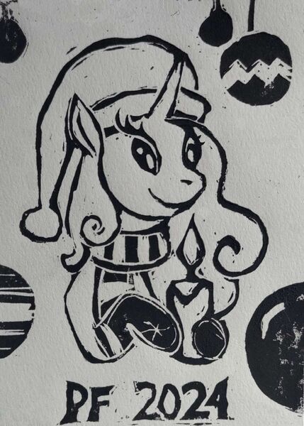 Size: 1072x1500 | Tagged: safe, artist:cwossie, derpibooru import, oc, oc:miss libussa, unofficial characters only, pony, unicorn, 2024, black and white, candle, female, female oc, grayscale, hat, hoof hold, horn, image, jpeg, mare oc, monochrome, new year, pony oc, solo, traditional art, unicorn oc