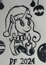 Size: 1072x1500 | Tagged: safe, artist:cwossie, derpibooru import, oc, oc:miss libussa, unofficial characters only, pony, unicorn, 2024, black and white, candle, female, female oc, grayscale, hat, hoof hold, horn, image, jpeg, mare oc, monochrome, new year, pony oc, solo, traditional art, unicorn oc