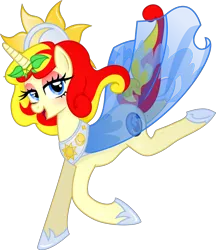 Size: 389x450 | Tagged: safe, artist:aya yai, derpibooru import, oc, oc:miss libussa, unofficial characters only, pony, unicorn, g4, blue eyes, clothes, dress, eyeshadow, female, female oc, hoof shoes, horn, image, makeup, mare, mare oc, moon, open mouth, open smile, pink eyeshadow, png, pony oc, running, smiling, solo, standing, standing on one leg, sun, unicorn oc