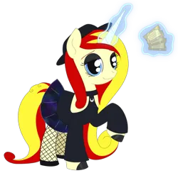 Size: 450x440 | Tagged: safe, artist:dyonys, derpibooru import, oc, oc:miss libussa, unofficial characters only, pony, unicorn, g4, black eyeshadow, clothes, eyeshadow, female, female oc, fishnet clothing, fishnets, glow, glowing horn, gray eyeshadow, hat, horn, image, levitation, magic, makeup, mare, mare oc, moon, png, pony oc, raised hoof, simple background, skirt, socks, solo, stockings, telekinesis, thigh highs, ticket, transparent background, unicorn oc