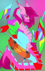 Size: 1954x3042 | Tagged: safe, artist:beardie, derpibooru import, oc, oc:kaleidoscope eyesore, unofficial characters only, draconequus, chromatic aberration, eyestrain warning, floating wings, horns, image, png, radical, skateboard, swag, wings