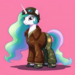 Size: 1024x1024 | Tagged: safe, ai content, derpibooru import, generator:google imagen 3.0, machine learning generated, prompter:zerowinger, princess celestia, alicorn, pony, bomber jacket, clothes, cosplay, costume, female, g.i. joe, general hawk, goggles, helmet, image, jacket, jpeg, mare, military uniform, pink background, simple background, solo, uniform