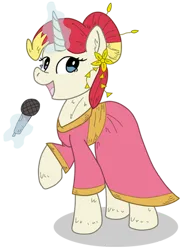 Size: 294x400 | Tagged: artist needed, safe, artist:czequestria, derpibooru import, oc, oc:miss libussa, unofficial characters only, pony, unicorn, g4, clothes, dress, female, fluffy, glow, glowing horn, hair bun, horn, image, levitation, magic, mare, mare oc, microphone, png, pony oc, raised hoof, simple background, singing, solo, telekinesis, transparent background, unicorn oc