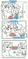 Size: 1937x4096 | Tagged: safe, artist:opalacorn, derpibooru import, oc, unofficial characters only, pony, unicorn, black and white, blushing, comic, dialogue, dirty, female, goggles, goggles around neck, grayscale, horn, image, innuendo, jpeg, male, mare, messy mane, monochrome, oc x oc, partial color, shipping, stallion, stink lines