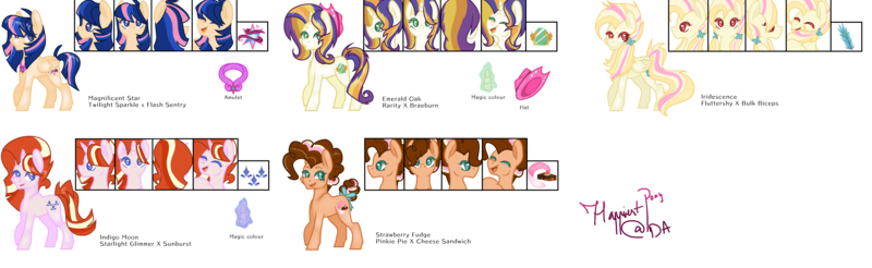 Size: 6523x2006 | Tagged: safe, artist:happiestpony, derpibooru import, oc, oc:emerald oak, oc:indigo moon, oc:iridescence, oc:magnificent star, oc:strawberry fudge, unofficial characters only, earth pony, pegasus, pony, unicorn, g4, base used, bow, brown coat, colored pupils, cowboy hat, cream coat, female, hairclip, hat, horn, image, mare, multicolored hair, next generation, offspring, parent:braeburn, parent:bulk biceps, parent:cheese sandwich, parent:flash sentry, parent:fluttershy, parent:pinkie pie, parent:rarity, parent:starlight glimmer, parent:sunburst, parent:twilight sparkle, parents:cheesepie, parents:flashlight, parents:flutterbulk, parents:rariburn, parents:starburst, peytral, pink coat, png, reference sheet, simple background, striped mane, tail, tail bow, transparent background, yellow coat