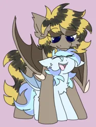 Size: 900x1200 | Tagged: safe, artist:puppie, derpibooru import, oc, oc:cuddle cloud, oc:rii, unofficial characters only, bat pony, cute, duo, duo male and female, female, happy, image, large wings, male, pink background, png, simple background, size difference, smiling, wholesome, wings