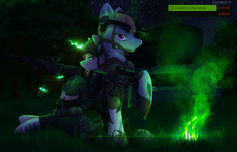 Size: 4200x2700 | Tagged: safe, artist:divori, derpibooru import, oc, oc:linaxero, oc:star nova, hybrid, pony, unicorn, zebra, zony, aks-74u, blood, duo, escape from tarkov, female, fire, grass, grass field, green fire, gun, horn, image, looking at you, m4a1, magic, male, mare, military, military pony, png, reloading, stallion, telekinesis, timer, waiting, weapon