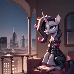 Size: 1024x1024 | Tagged: safe, ai content, derpibooru import, machine learning generated, prompter:thelight3d, stable diffusion, oleander (tfh), pony, unicorn, them's fightin' herds, g4, balcony, book, city, clothes, community related, female, generator:pony diffusion v6 xl, horn, image, mare, png, window