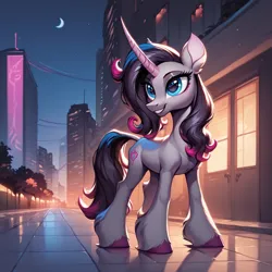 Size: 1024x1024 | Tagged: safe, ai content, derpibooru import, machine learning generated, prompter:thelight3d, stable diffusion, oleander (tfh), pony, unicorn, them's fightin' herds, g4, city, community related, female, generator:pony diffusion v6 xl, horn, image, mare, png