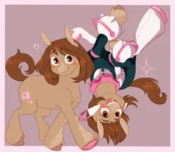 Size: 1500x1300 | Tagged: safe, artist:abbytabbys, derpibooru import, part of a set, ponified, earth pony, pony, anime, blush sticker, blushing, bobcut, bodysuit, boots, border, brown coat, brown eyes, brown hooves, brown mane, brown tail, bubble, choker, clothes, coat markings, colored eyebrows, colored hooves, colored pinnae, colored underhoof, costume, eyebrows, eyebrows visible through hair, eyelashes, facial markings, female, floating, gauntlet, headgear, headpiece, hoof boots, hoof heart, hooves, image, jpeg, leg markings, looking at you, my hero academia, ochako uraraka, open mouth, open smile, passepartout, purple background, quirked pony, shiny mane, shiny tail, shoes, short hair, simple background, smiling, smiling at you, snip (coat marking), solo, sparkles, tail, tall ears, teenager, teeth, underhoof, unshorn fetlocks, upside down, walking, wall of tags