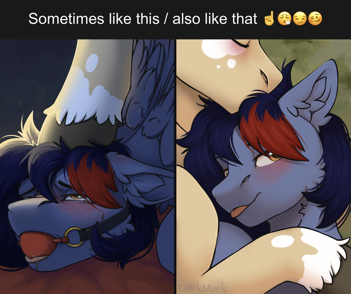 Size: 2388x1997 | Tagged: suggestive, artist:dorkmark, derpibooru import, oc, oc:dawn chaser, oc:onyx, unofficial characters only, pegasus, pony, :p, ballgag, bed, blushing, coat markings, colored hooves, commission, drool, duo, emoji, floppy ears, gag, hoof on head, hooves, hug, image, laying on bed, lidded eyes, looking at you, lying down, male, males only, meme, messy mane, on bed, pegasus oc, png, solo focus, stallion, stallion oc, text, tongue out, two toned mane, unshorn fetlocks, wings, ych result