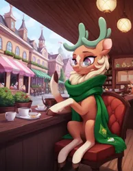 Size: 896x1152 | Tagged: safe, ai content, derpibooru import, machine learning generated, prompter:cypher, cashmere (tfh), deer, them's fightin' herds, city, coffee, community related, female, image, jpeg, solo, solo female