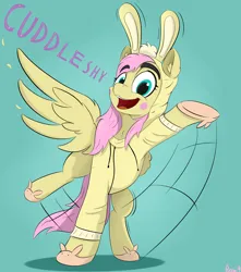 Size: 2324x2627 | Tagged: safe, artist:rapid9, derpibooru import, fluttershy, pegasus, pony, g4, animal costume, blush sticker, blushing, bunny costume, bunny ears, bunny slippers, clothes, costume, cuddles (happy tree friends), cuddling, eyebrows, eyebrows visible through hair, happy tree friends, hoodie, image, kigurumi, open mouth, open smile, png, slippers, smiling, spread wings, wide eyes, wings