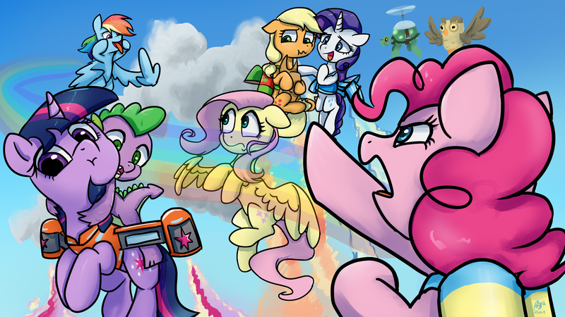 Size: 3840x2160 | Tagged: safe, artist:brella, artist:brella233, derpibooru import, applejack, fluttershy, owlowiscious, pinkie pie, rainbow dash, rarity, spike, tank, twilight sparkle, dragon, earth pony, pegasus, pony, unicorn, g4, :t, angry, dragons riding ponies, feather fingers, horn, image, jetpack, mane seven, mane six, middle feather, middle finger, png, riding, riding a pony, spike riding twilight, tongue out, vulgar, wavy mouth, wing hands, wings