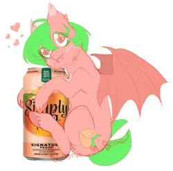 Size: 1824x1803 | Tagged: safe, artist:luna_mcboss, derpibooru import, oc, oc:sploosh, unofficial characters only, bat, bat pony, fruit bat, pony, alcohol, bat wings, beer, beer can, chest fluff, drink, ear fluff, fangs, feathered fetlocks, female, food, fruit, green mane, heart, image, peach, pink coat, pink eyes, png, short mane, short tail, simple background, solo, solo female, tail, unshorn fetlocks, white background, wings