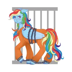 Size: 3500x3500 | Tagged: safe, artist:spell.bound.art, derpibooru import, rainbow dash, blushing, clothes, commissioner:rainbowdash69, cuffed, cuffs, image, never doubt rainbowdash69's involvement, png, prison outfit, prisoner, prisoner rd, shackles, solo