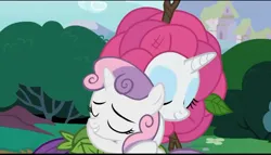 Size: 1440x821 | Tagged: safe, derpibooru import, screencap, rarity, sweetie belle, unicorn, forever filly, g4, season 7, cute, female, flower costume, flowerity, horn, hug, image, jpeg, sibling love, siblings, sisterly love, sisters