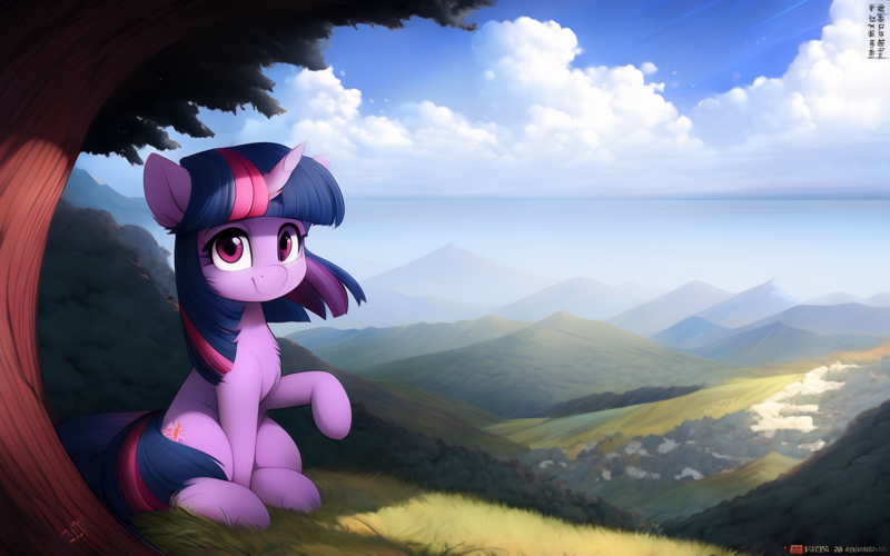 Size: 7168x4480 | Tagged: safe, ai content, derpibooru import, edit, generator:resonance cascade lite, generator:stable cascade, machine learning generated, twilight sparkle, pony, unicorn, g4, derpibooru exclusive, detailed background, female, horn, image, looking at you, mare, outdoors, png, prompter:mfg637, sitting, solo, tree, under the tree, upscaled