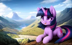 Size: 7168x4480 | Tagged: safe, ai content, derpibooru import, generator:resonance cascade lite, generator:stable cascade, machine learning generated, twilight sparkle, pony, unicorn, g4, derpibooru exclusive, detailed background, female, horn, image, mare, outdoors, png, prompter:mfg637, solo, unicorn twilight