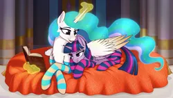 Size: 7180x4040 | Tagged: safe, artist:dacaoo, derpibooru import, princess celestia, twilight sparkle, twilight sparkle (alicorn), alicorn, pony, g4, absurd resolution, castle, chest fluff, clothes, colored wings, crossed legs, glow, glowing mane, glowing tail, hug, image, leg fluff, lidded eyes, looking at someone, lying down, magic, missing accessory, momlestia, open mouth, open smile, photo album, png, prone, smiling, socks, striped socks, tail, telekinesis, widescreen, wing blanket, winghug, wings