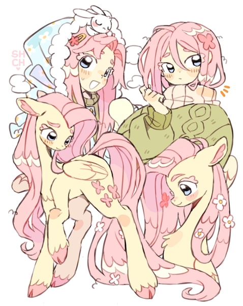 Size: 1536x1929 | Tagged: safe, artist:duoniankun, artist:sharpycharot, derpibooru import, angel bunny, fluttershy, human, pegasus, pony, rabbit, equestria girls, g4, alternate hairstyle, animal, bust, clothes, cute, eyes closed, female, flower, flower in hair, hairclip, hat, humanized, image, jpeg, mare, portrait, raised hoof, self paradox, self ponidox, short hair, simple background, sleeping, smiling, sweater, white background