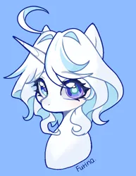 Size: 1176x1521 | Tagged: safe, artist:xinjinjumin0766616, derpibooru import, ponified, pony, unicorn, bust, female, furina (genshin impact), genshin impact, horn, image, light blue background, mare, png, portrait, simple background, solo, text