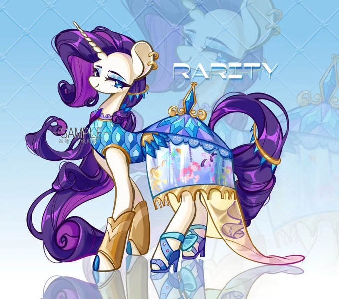 Size: 1226x1080 | Tagged: safe, artist:xinjinjumin172779558900, derpibooru import, rarity, pony, unicorn, aside glance, clothes, dress, female, gradient background, horn, image, jewelry, jpeg, looking at you, mare, sample, sideways glance, smiling, solo, text