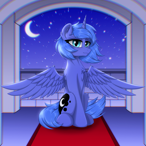 Size: 1800x1800 | Tagged: safe, artist:門久, derpibooru import, princess luna, alicorn, pony, g4, image, moon, png, s1 luna, sitting, solo, spread wings, stars, wings