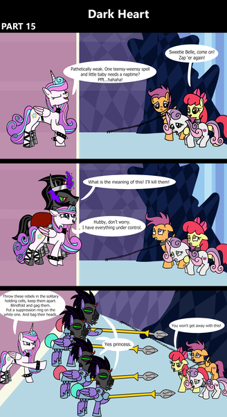 Size: 1920x3516 | Tagged: safe, artist:platinumdrop, derpibooru import, apple bloom, king sombra, princess flurry heart, scootaloo, sweetie belle, alicorn, crystal pony, earth pony, pegasus, pony, unicorn, comic:dark heart, g4, 3 panel comic, abuse, alternate timeline, angry, applebuse, armor, attempted assassination, book, bracelet, chains, collar, comic, commission, crystal, crystal castle, crystal empire, curved horn, cutie mark crusaders, dark crystal, dialogue, diary, evil flurry heart, eyes closed, female, flurry heart is amused, flurrybra, folded wings, glow, glowing eyes, glowing horn, guard, helmet, horn, husband and wife, image, indoors, insult, laughing, looking at each other, looking at someone, magic, magic aura, male, mare, mask, mind control, older, older apple bloom, older cmc, older flurry heart, older scootaloo, older sweetie belle, png, scootabuse, ship:flurrybra, shipping, slave, slave collar, snuggling, sombra soldier, spear, speech bubble, spiked collar, spiked wristband, stallion, straight, sweetiebuse, throne, throne room, tired, victorious villain, wall of tags, weapon, wings, wristband