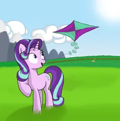 Size: 2480x2508 | Tagged: artist needed, source needed, safe, derpibooru import, starlight glimmer, pony, unicorn, cloud, female, grass, horn, image, jpeg, kite, kite flying, mare, mountain, mountain range, sun