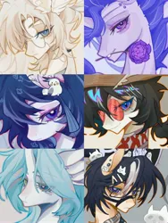 Size: 3072x4096 | Tagged: safe, artist:xinjinjumin461028308191, derpibooru import, oc, unofficial characters only, pony, seapony (g4), black mane, blonde mane, blue mane, brown mane, bust, flower, flower in mouth, group, image, jpeg, mouth hold, portrait, purple coat, purple mane, rose, rose in mouth, smiling, tan coat, white coat