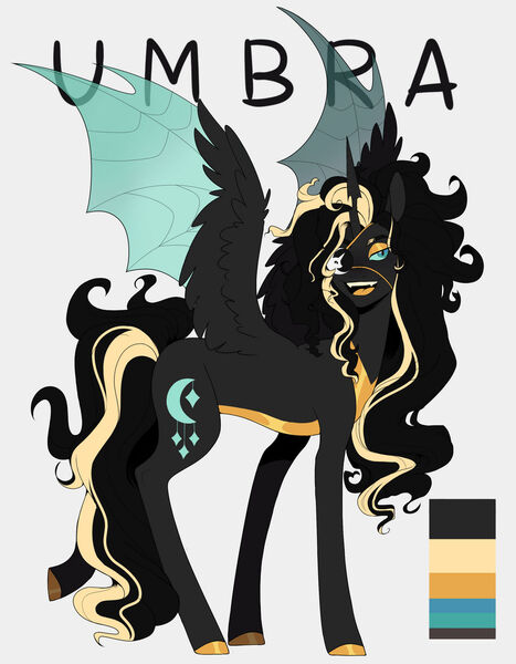 Size: 1024x1317 | Tagged: safe, artist:delzol, oc, oc:umbra, unofficial characters only, alicorn, changepony, hybrid, pony, color palette, colored hooves, eyepatch, eyeshadow, fangs, female, hybrid oc, hybrid wings, image, interspecies offspring, jpeg, looking offscreen, magical lesbian spawn, makeup, mare, next generation, offspring, open mouth, parent:princess luna, parent:queen chrysalis, parents:chrysaluna, reference, simple background, solo, standing, white background, wings