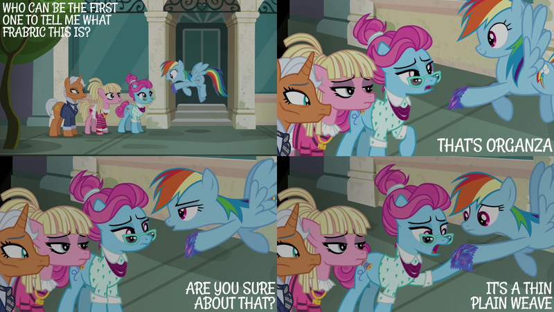 Size: 2000x1125 | Tagged: safe, derpibooru import, edit, edited screencap, editor:quoterific, screencap, bleeding heart, blue bobbin, rainbow dash, starke kragen, pony, g4, season 6, the saddle row review, female, image, mare, png