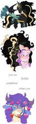 Size: 1024x3475 | Tagged: safe, artist:delzol, princess skyla, oc, oc:dynasti, oc:milkweed, oc:umbra, alicorn, changeling, changepony, cow, hybrid, pegasus, pony, awkward, blushing, emoji, eyepatch, fangs, female, folded wings, heart, hybrid oc, hybrid wings, image, interspecies offspring, jpeg, lesbian, looking away, magical lesbian spawn, mare, next generation, offspring, one eye covered, parent:coco pommel, parent:princess cadance, parent:princess luna, parent:queen chrysalis, parent:shining armor, parent:unknown, parents:chrysaluna, parents:shiningcadance, seductive look, simple background, smiling, smug, text, tongue out, white background, wide smile, wings