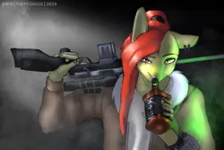 Size: 1920x1280 | Tagged: safe, artist:endelthepegasus, derpibooru import, oc, oc:zeleniy, unofficial characters only, anthro, fallout equestria, alcohol, clothes, ear piercing, eye scar, gun, heterochromia, image, looking at you, male, one ear down, piercing, pipbuck, png, rifle, scar, smiling, smiling at you, solo, weapon, whiskey