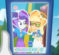 Size: 1125x1043 | Tagged: safe, derpibooru import, applejack, rarity, human, equestria girls, festival filters, g4, spoiler:eqg series (season 2), animated, camera, clothes, dress, female, heart, image, jacket, jpeg, lesbian, looking at each other, looking at someone, music festival outfit, my little pony equestria girls: better together, photo, rarijack, shipping, smiling, sunglasses, tree