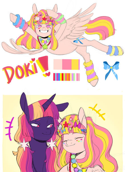 Size: 1024x1402 | Tagged: safe, artist:delzol, oc, oc:doki, oc:serenity, unofficial characters only, pegasus, pony, unicorn, accessories, bangs, color palette, cutie mark, decora, duo, duo female, eyes closed, female, flying, hairpin, image, jewelry, jpeg, leg warmers, looking at someone, looking at you, magical lesbian spawn, mare, necklace, offspring, parent:tempest shadow, parent:twilight sparkle, parents:tempestlight, pigtails, reference sheet, simple background, smiling at you, spread wings, three toned mane, twintails, two toned mane, wide smile, wings