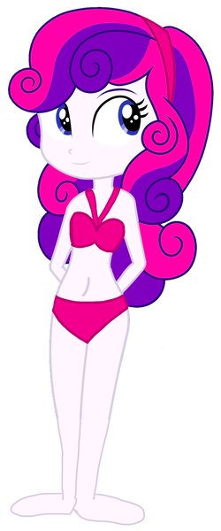 Size: 1472x3534 | Tagged: safe, artist:rosasmitt, derpibooru import, sweetie belle, human, equestria girls, g4, alternate eye color, alternate hair color, arm behind back, barefoot, bikini, clothes, cute, diasweetes, feet, image, png, simple background, smiling, solo, swimsuit, white background