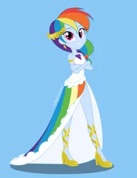 Size: 2350x3058 | Tagged: safe, artist:nightglowfan, derpibooru import, rainbow dash, human, equestria girls, g4, blue background, clothes, crossed arms, cute, dashabetes, dress, female, gala dress, grin, high heels, image, multicolored hair, png, rainbow dash always dresses in style, rainbow hair, shoes, simple background, smiling, solo