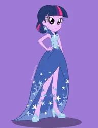 Size: 2350x3058 | Tagged: safe, artist:nightglowfan, derpibooru import, twilight sparkle, human, equestria girls, g4, clothes, cute, dress, ear piercing, earring, female, gala dress, hair bun, hand on hip, high heels, image, jewelry, piercing, png, purple background, shoes, simple background, smiling, solo, twiabetes