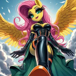 Size: 1024x1024 | Tagged: suggestive, ai content, derpibooru import, machine learning generated, prompter:glimmy-glam, fluttershy, anthro, g4, breasts, choker, chokershy, cleavage, clothes, cloud, corset, dominatrixshy, eyeliner, feather, female, garter belt, garters, generator:dall-e 3, gloves, high heels, image, jpeg, latex, latex leggings, long eyelashes, long gloves, looking at you, makeup, offscreen character, pov, shoes, skirt, sky, smiling, smiling at you, socks, solo, solo female, spread wings, stepped on, stepping on you, thigh highs, thighs, wings