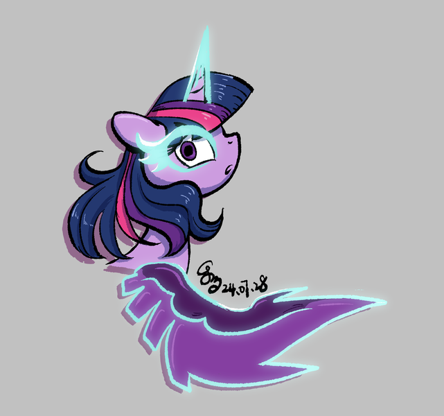 Size: 1313x1229 | Tagged: safe, artist:brella, derpibooru import, sci-twi, twilight sparkle, ponified, alicorn, pony, equestria girls, aside glance, bust, female, gray background, image, looking at you, mare, midnight sparkle, png, portrait, sideways glance, simple background, solo, text