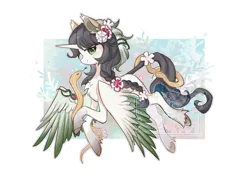 Size: 2165x1584 | Tagged: safe, artist:orchidlanlan738, derpibooru import, alicorn, pony, snake, abstract background, aside glance, female, floral head wreath, flower, image, looking at you, mare, png, sideways glance, smiling, solo, spread wings, unshorn fetlocks, wings