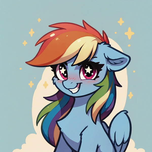 Size: 4608x4608 | Tagged: safe, ai content, derpibooru import, generator:civitai, machine learning assisted, machine learning generated, prompter:paleluna, stable diffusion, rainbow dash, pegasus, pony, blushing, chest fluff, ear fluff, female, floppy ears, generator:pony diffusion v6 xl, happy, image, jpeg, looking at you, mare, smiling, smirk, solo, solo female, starry eyes, teeth, wingding eyes