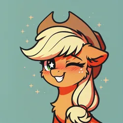 Size: 4608x4608 | Tagged: safe, ai content, derpibooru import, generator:civitai, machine learning assisted, machine learning generated, prompter:paleluna, stable diffusion, applejack, earth pony, pony, blushing, bust, chest fluff, close-up, cute, ear fluff, female, floppy ears, generator:pony diffusion v6 xl, image, jpeg, mare, one eye closed, portrait, simple background, smiling, solo, solo female, starry background, starry eyes, teeth, wingding eyes, wink