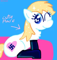 Size: 1280x1350 | Tagged: safe, artist:vaporammy, derpibooru import, oc, oc:aryanne, earth pony, pony, g4, arrow, aryan pony, chest fluff, clothes, derpibooru exclusive, female, image, latex, latex socks, looking at you, mare, nazi, one eye closed, png, simple background, sitting, socks, sparkles, sparkly mane, swastika, text, wink, winking at you