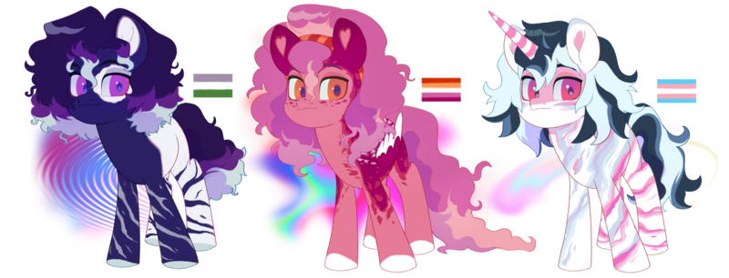 Size: 1280x490 | Tagged: safe, artist:delzol, oc, earth pony, pegasus, pony, unicorn, abstract background, adoptable, female, genderqueer pride flag, image, lesbian pride flag, mare, png, pride, pride flag, simple background, transgender pride flag, transparent background, trio