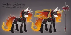 Size: 2018x1000 | Tagged: safe, artist:lunarlacepony, derpibooru import, oc, oc:solar storm, unicorn, armor, armored skirt, armored stockings, axe, clothes, horn, image, levitation, magic, mane of fire, png, skirt, telekinesis, weapon, wings